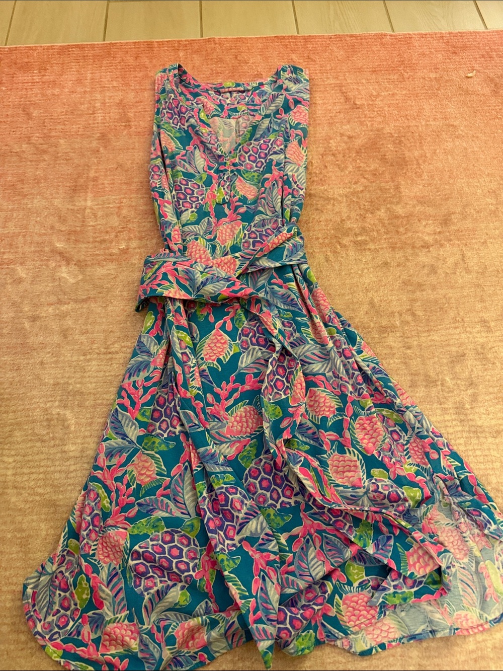 Lilly Pulitzer Teal Floral Midi Dress with Pink & Green Accents